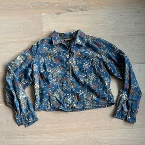 Vintage Liz Claiborne Floral Blue Denim button down cropped long sleeve top sz m
